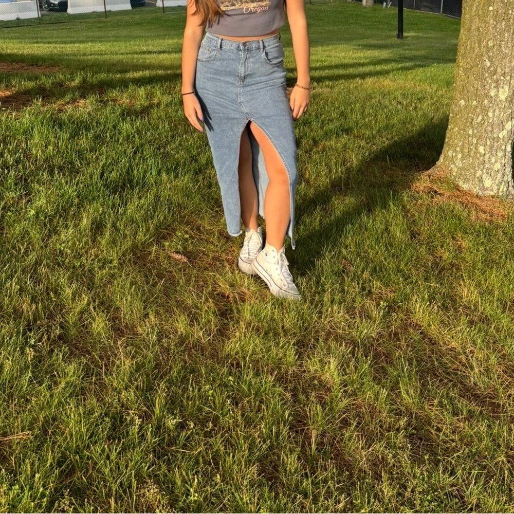 Long denim skirt with front slit
